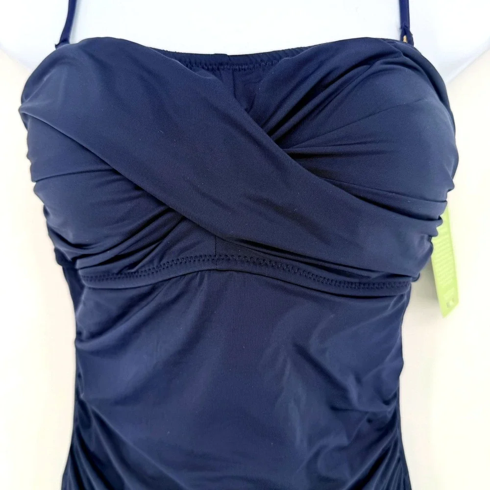 Garnet‎ Hill Navy Blue Ruched Crossover One Piece Swimsuit 33497 Womens 8 NEW